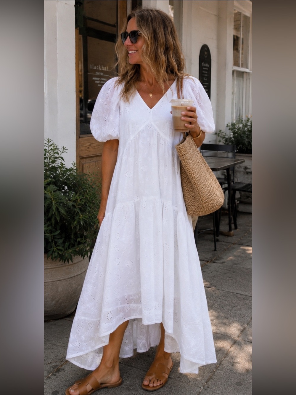 FRAME Oversized Babydoll White Eyelet High-Low Puff Sleeve Maxi Dress Small